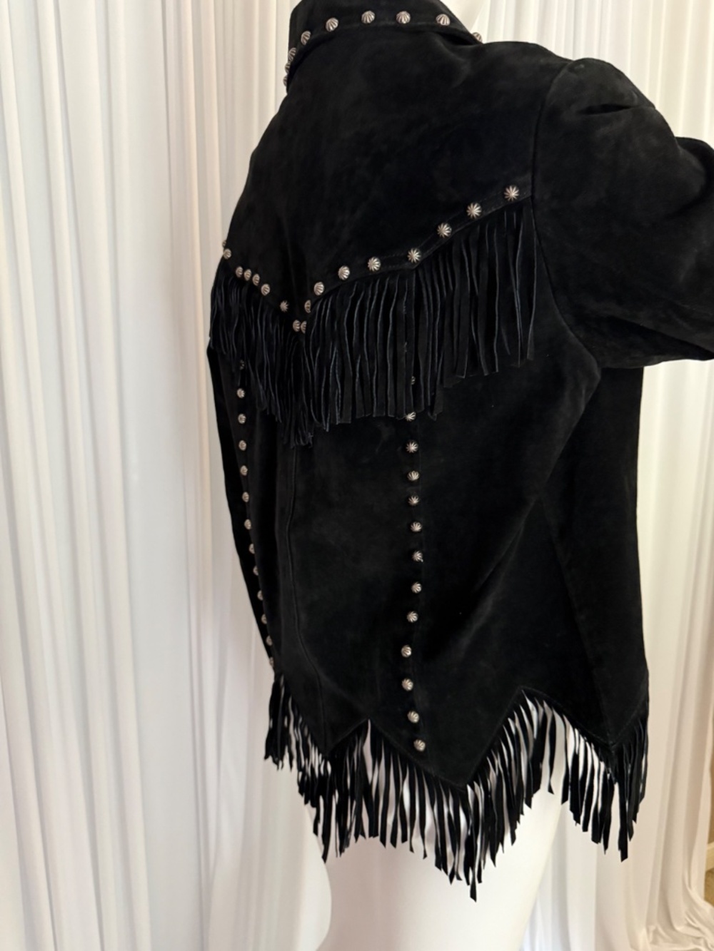 Saguaro Black Suede Leather Fringe Western Jacket | Red Satin Lining | Size L - Picture 6 of 16